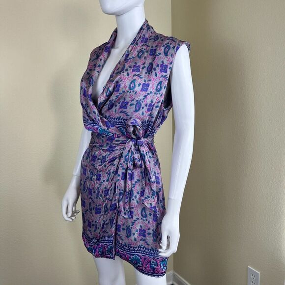 Zara Womens Size S Pasiley Floral Satin Wrap Mini Dress Boho Party Preppy Resort - Picture 14 of 16